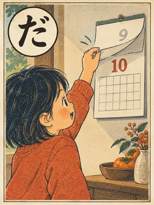 遠州弁かるた「だに」の絵札：壁のカレンダーを10月にめくる手