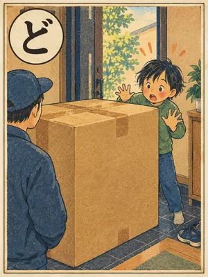 遠州弁かるた「ど」の絵札：玄関に届いた、ものすごく大きな荷物