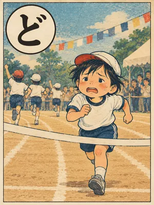 遠州弁かるた「どべ」の絵札：運動会のかけっこで最後にゴールする子ども