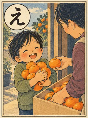 遠州弁かるた「えいかん」の絵札：両手いっぱいにみかんをもらった人