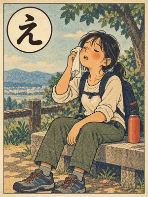 遠州弁かるた「えらい」の絵札：長く歩いたあと、汗をふいて腰を下ろす人