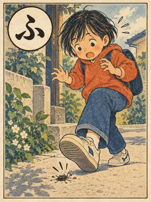 遠州弁かるた「ふんずばす」の絵札：足元の虫を踏んでしまい、はっとする人