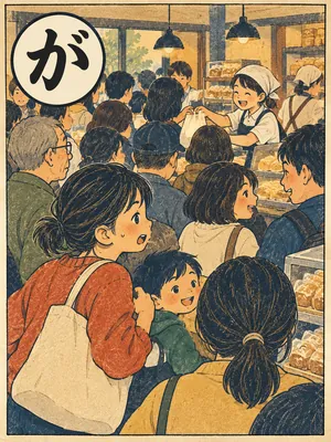 遠州弁かるた「がんこ」の絵札：人でごった返す店の中