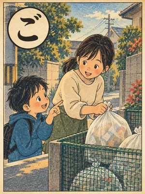 遠州弁かるた「ごんど」の絵札：ごみの日の朝、ごみ袋を集積所へ出す人