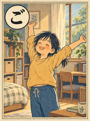 遠州弁かるた「ごせっぽい」の絵札：片付いた部屋で背伸びをして、すっきりした顔の人