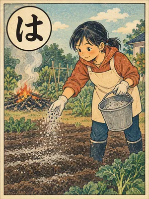 遠州弁かるた「はいぼ」の絵札：たき火の灰を畑にまく人
