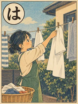 遠州弁かるた「はならかす」の絵札：洗濯物を間をあけて物干しに干す人