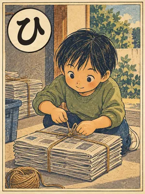 遠州弁かるた「ひぼ」の絵札：新聞の束をひもで縛る手
