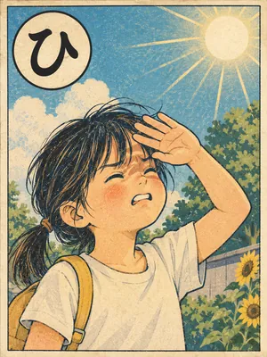 遠州弁かるた「ひずるしい」の絵札：夏のかんかん照りの下、手をかざして目を細める人