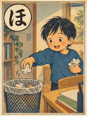 遠州弁かるた「ほかる」の絵札：紙くずを丸めてくずかごに捨てる手