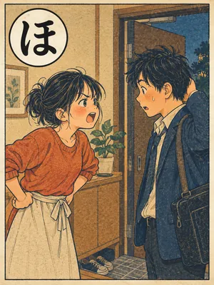 遠州弁かるた「ほっぽかす」の絵札：ほったらかしにされ、帰ってきた相手に詰め寄る人