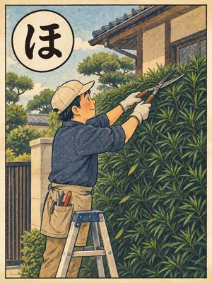 遠州弁かるた「ほそば」の絵札：屋敷を囲むイヌマキの生垣を刈り込む人
