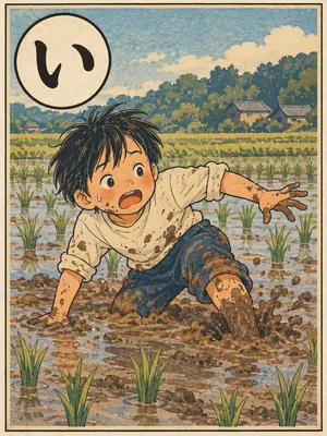 遠州弁かるた「いぼる」の絵札：田んぼのぬかるみに足をとられた人