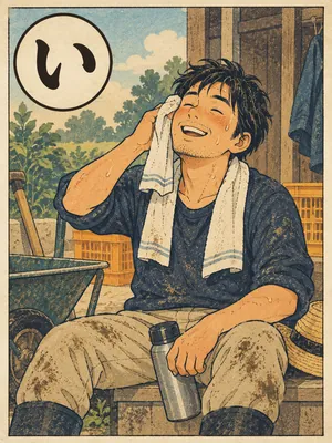 遠州弁かるた「いっちょ」の絵札：一日よく働き、汗をぬぐってひと息つく人