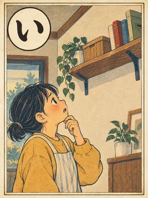 遠州弁かるた「いがむ」の絵札：ゆがんだ棚を見上げる人
