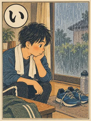 遠州弁かるた「いいにする」の絵札：雨の窓辺で、ジョギング靴を見ながら今日はやめておこうと考える人