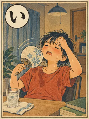 遠州弁かるた「いきれる」の絵札：閉め切った蒸し暑い部屋で、汗だくでうちわをあおぐ人