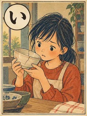 遠州弁かるた「いみ」の絵札：ひびの入った茶碗を手に取って見る人