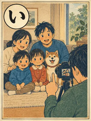 遠州弁かるた「いのく」の絵札：写真を撮るカメラの前で、じっとするよう言われる家族