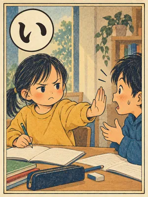 遠州弁かるた「いらんこん」の絵札：口をはさもうとする人を、手で制する人
