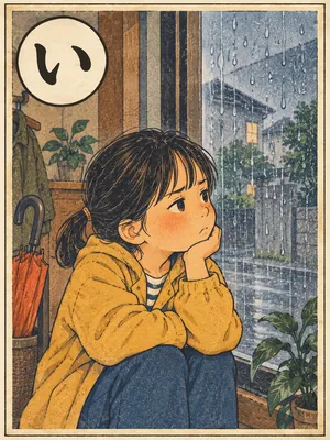 遠州弁かるた「いやったい」の絵札：雨の窓の外を見て、出かけるのをためらう人