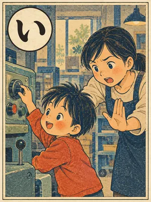 遠州弁かるた「いぜる」の絵札：機械のつまみを勝手にいじろうとする子どもと、止める大人