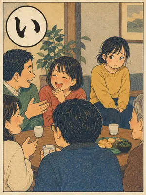 遠州弁かるた「いずようない」の絵札：寄り合いの席の端で、居心地悪そうに座る人