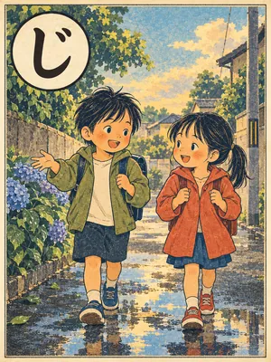 遠州弁かるた「じゃんね」の絵札：雨上がりの道で、昨日の雨の話をする友だち二人