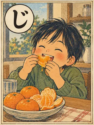 遠州弁かるた「じゅるい」の絵札：汁気たっぷりのみかんをほおばる人