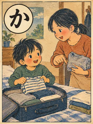 遠州弁かるた「かえち」の絵札：泊まりがけのかばんに着替えを詰める人
