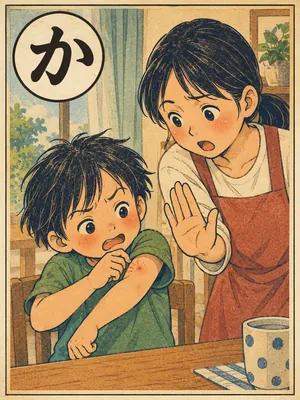 遠州弁かるた「かじくる」の絵札：蚊に刺された腕をかこうとする子どもと、止める大人