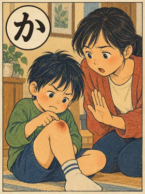 遠州弁かるた「かじる」の絵札：かさぶたを爪でかこうとする子どもと、止める大人