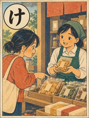 遠州弁かるた「け」の絵札：店先で品物を指さしてたずねる人