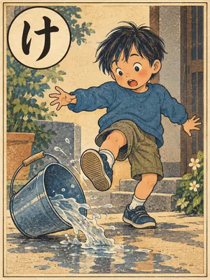 遠州弁かるた「けっからかす」の絵札：足に当たって転がるバケツ