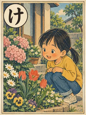 遠州弁かるた「けっこい」の絵札：庭に咲いたきれいな花