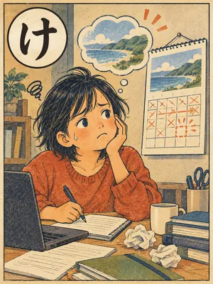 遠州弁かるた「けんが」の絵札：カレンダーを前に、行きたいけれど時間がないと悩む人