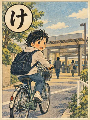 遠州弁かるた「けった」の絵札：自転車で駅へ向かう人