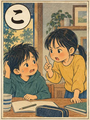 遠州弁かるた「こく」の絵札：うそを言わないで、と人差し指を立てる人