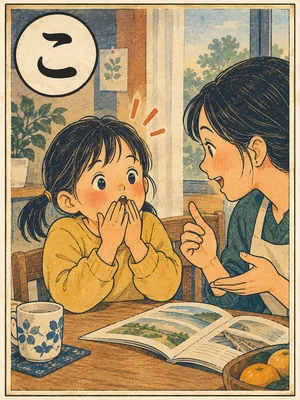 遠州弁かるた「こん」の絵札：話を聞いて、知らなかったと驚く人