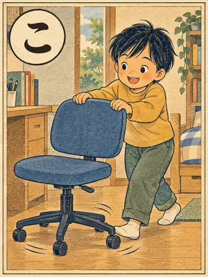 遠州弁かるた「ころ」の絵札：キャスター付きの椅子を軽々と動かす人