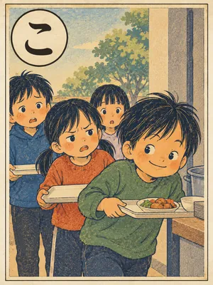 遠州弁かるた「こすい」の絵札：先回りして得をしようとする子どもを、ほかの子があきれて見る
