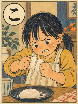 遠州弁かるた「こわい」の絵札：硬くなった餅を割ろうと苦戦する手