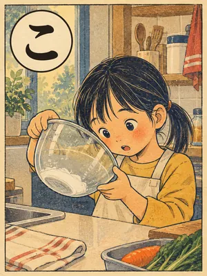 遠州弁かるた「こずむ」の絵札：器の底に片栗粉が沈んでいる台所