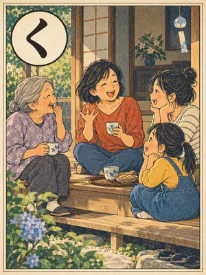 遠州弁かるた「くっちゃべる」の絵札：縁側でおしゃべりが止まらない人たち