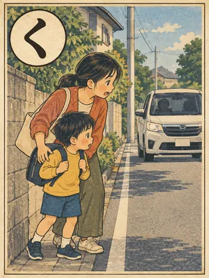道の端による親子を描いたくろの絵札