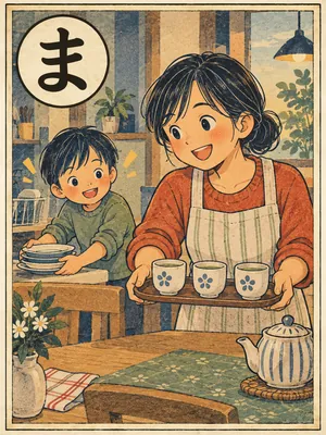 遠州弁かるた「まい」の絵札：片付けを終え、湯のみを並べてお茶に誘う人