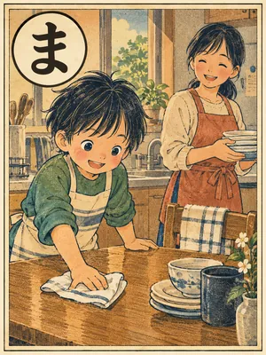 遠州弁かるた「まめったい」の絵札：家の手伝いをこまめにこなす子ども