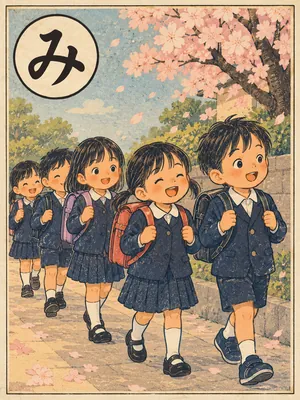遠州弁かるた「みるい」の絵札：入学したばかりの1年生が並んで歩く姿