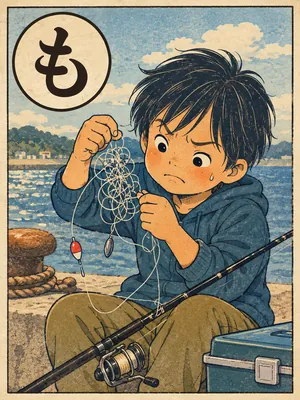 遠州弁かるた「もじかる」の絵札：からまった釣り糸をほどこうとする人