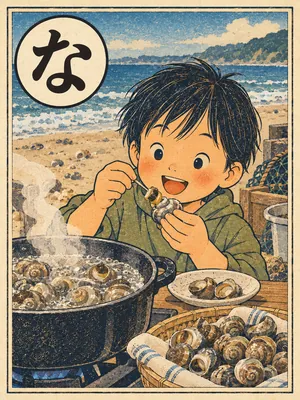 遠州弁かるた「ながらみ」の絵札：浜で拾った巻き貝（ダンベイキサゴ）と、塩ゆでの鍋